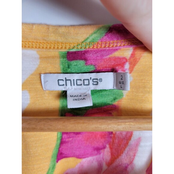 Chico's Short Sleeve Top Size L Vibrant Colorful Cotton Puff Shoulder Vacation - Picture 2 of 5